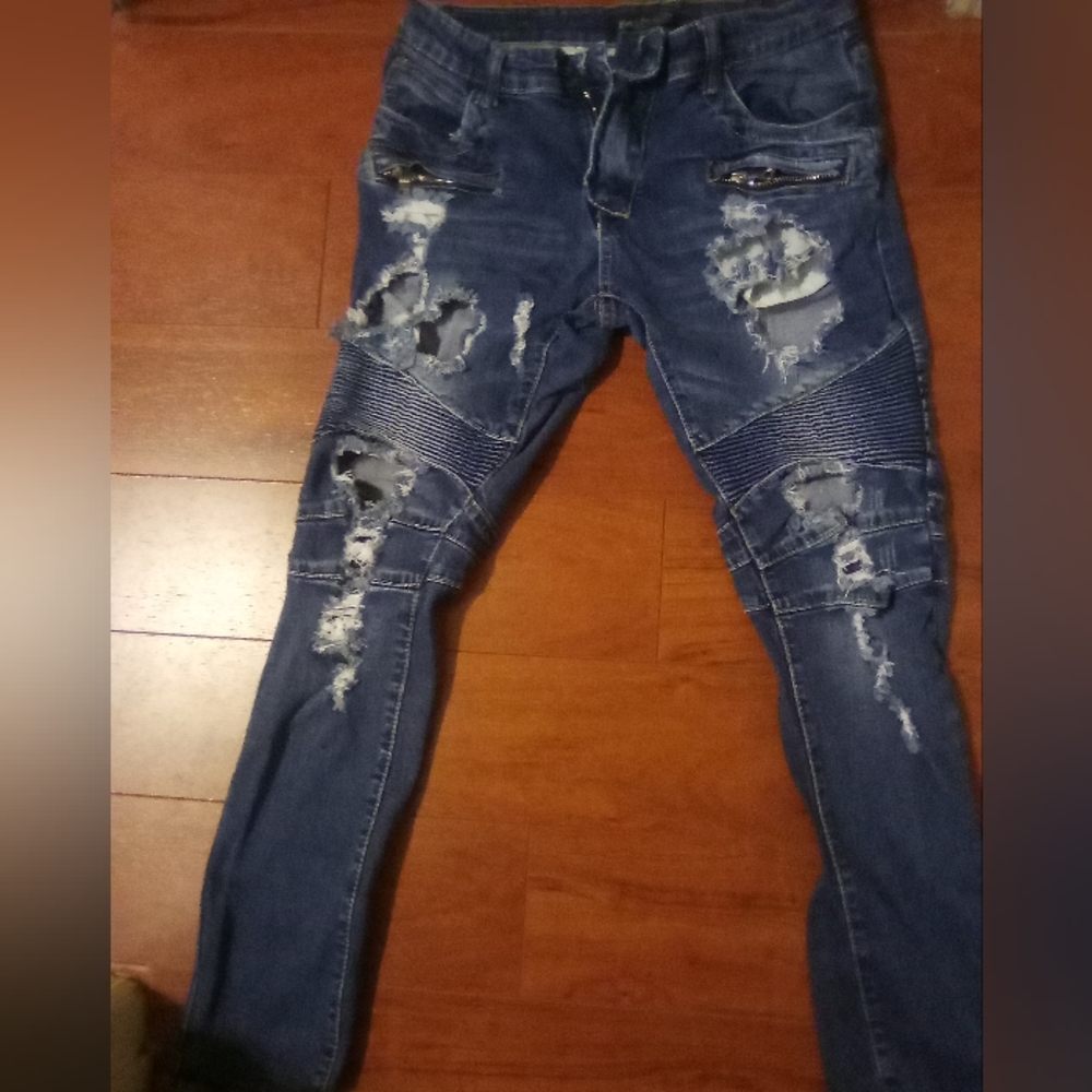 BALMAIN Paris moto distressed slim fit stretch jeans 👖